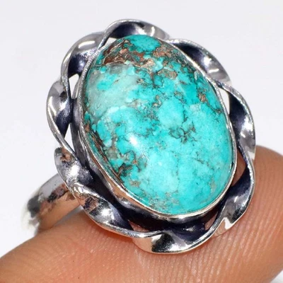 Anel feito à mão folheado a prata 925 turquesa verde limão EUA 8 presente encantador JW - Imagem 1 de 3