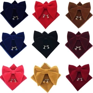 Men Solid Color Big Velvet Pre-tied Bow Tie Pocket Square Cufflinks Bowtie Set - Picture 1 of 8