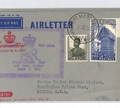 PAPUA NEW GUINEA AIR LETTER 1953 QEII *CORONATION FLIGHT* QANTAS London XC332 - Image 1 of 4