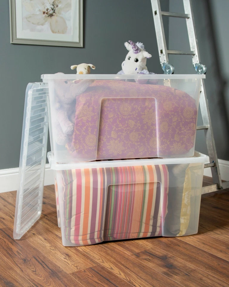 9 x 110L Storage Box With Lid Crystal Clear Plastic Stackable Containers Home-UK - Image 1 of 4
