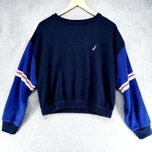 Nautica Womens M Long Striped Sleeve Blue Red White Crewneck Pullover Sweatshirt - Picture 1 of 18