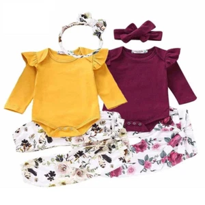 Toddler Baby Girl Outfit Cute Ruffle Sleeve Romper Bodysuit Flare Pants Headband - Picture 1 of 12