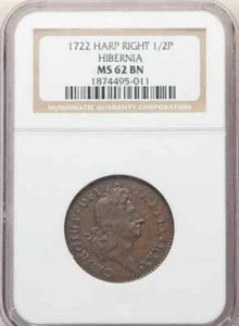 1722-HARP RIGHT HIBERNIA Colonial 1/2P (MS 62-NGC) - Picture 1 of 2