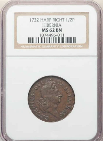 1722-HARP RIGHT HIBERNIA Colonial 1/2P (MS 62-NGC) Cover