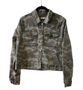 Copper Key Womens Medium Green Camo Semi Cropped Jacket Flap Pockets Button Down - Picture 1 of 8