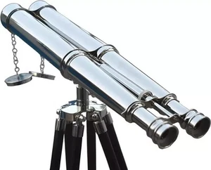 18'' Chrome Maritime Brass Binocular with Wooden Tripod Stand Floor Telescope - Picture 1 of 6