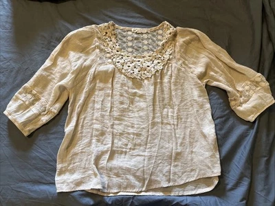 Boho Lace Top 3/4 Sleeve Shirt Light Womens Small Beige Tan Nude Blouse Sheer - Image 1 of 4