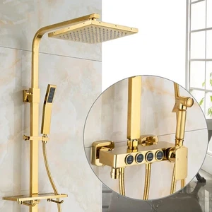 Gold Shower Faucet Set Bathtub 4-way Mixer Tap Bidet and Shelf Rainfall Systerm - Picture 1 of 1