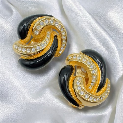 Orecchini Vintage Oro Christian DIOR Smalto Nero Strass Cristallo Clip On