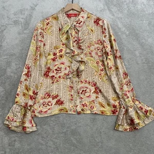 Oscar de la Renta Top Women’s 12 Beige 100% Silk Floral Flutter Sleeves 70s - Picture 1 of 15