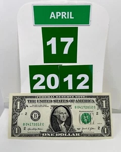 April 17 2012 Birthday Note UNC Fancy Serial Number One Dollar Bill B 04172012 C - Picture 1 of 11