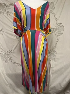 Eloquii Plus Size Maxi Tie Back V Neck 3/4 Sleeve Rainbow stripe Dress 14 - Picture 1 of 5