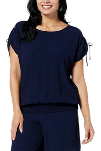 Nina Leonard Women's Smocked Hem Pebbled Top Navy - Foto 1 di 1