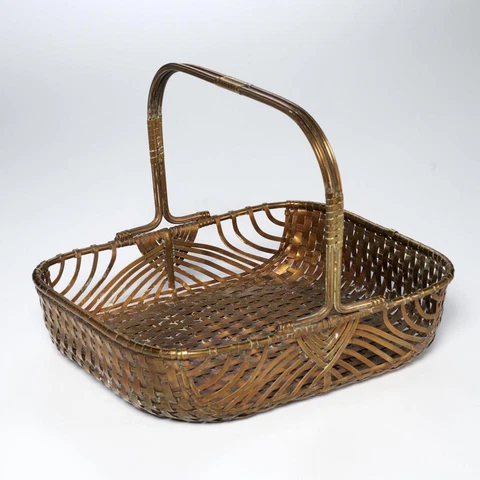 Vintage Brass Metal Flat Wire Woven Rectangular Basket w/ Wrapped Cord Handle Cover