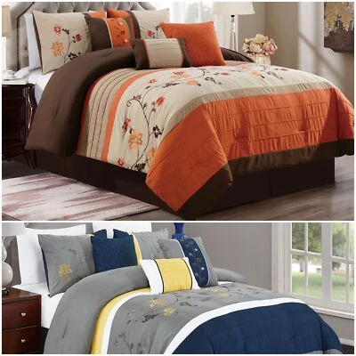 Chezmoi Collection Serene 7-Piece Floral Scroll Embroidery Striped Comforter Set - Image 1 of 4