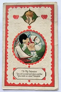 To My Valentine Hearts Sailor Boy & Sailboat Cherub Angel Vintage Postcard K5 - Picture 1 of 2