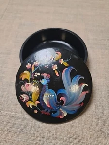 Vintage Russian USSR Lacquered Trinket Box Wooden Folk Art (13cm wide) - Picture 1 of 13