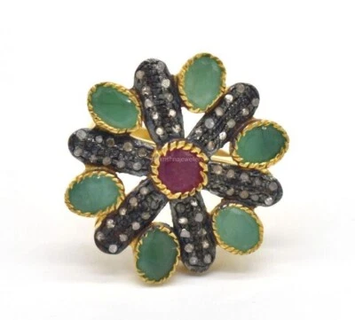 Rubin Mit Smaragd Cocktail Ringe,925 Silber Scheibe Diamant Handgefertigt Blume - Bild 1 von 4