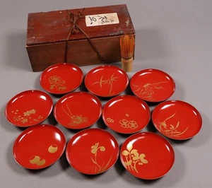 Japanische Lack Holz Teller 10er Set Gold verschiedene Blätter Meiji Ära 19. Jh. - Bild 1 von 19