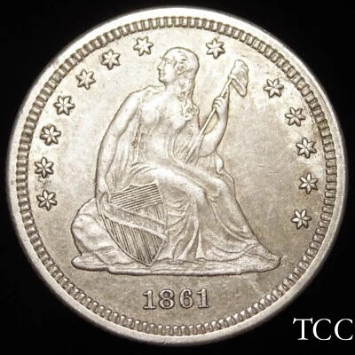 1861 LIBERTY SEATED QUARTER ~ 25c COIN WITH GREAT LUSTER ~ FREE SHIPPING ~ TCC - Image 1 of 4