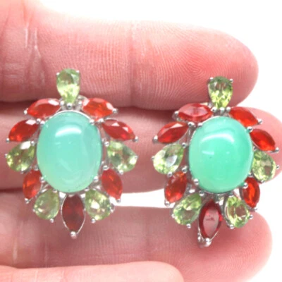 Nicht Erhitzt Edelstein Grün Chrysopras,Peridot & Feuer Opal Ohrringe 925 Silber - Bild 1 von 4