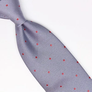 John G Hardy Mens Silk Necktie Blue Silver Dobby Weave Red Polka Dot Italy Tie - Picture 1 of 8