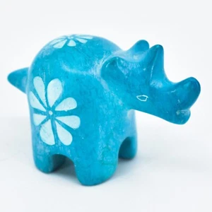 Hand Carved Kisii Soapstone Tiny Miniature Sky Blue Rhinoceros Rhino Figurine - Imagen 1 de 5