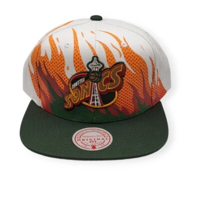 Mitchell & Ness Seattle Supersonics Hot Fire White/Green Adjustable Snapback Hat - Image 1 of 4