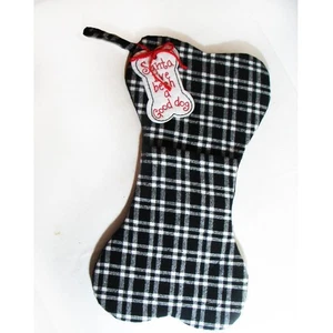 NUOVO Hobby Lobby Cane Calza di Natale a Forma di Osso 17"x9" Nero Bianco Plaid - Foto 1 di 4