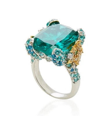 Gorgeous Floral Design Paraiba Tourmaline, Aquamarine & CZ 935 Silver Woman Ring - Image 1 of 4