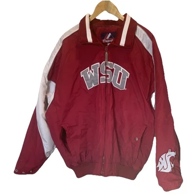 (L) Vintage Majestic WSU Wazzu Puffer Coat Jacket Varsity Heavy Fleece Interior - Image 1 of 4
