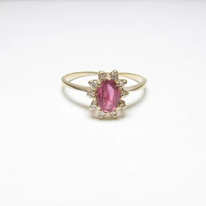 Estate 14K Yellow Gold 0.60 Ct Natural Oval Wine Red Ruby And Diamond Halo Ring - Picture 1 of 4