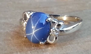 Vintage Beautiful 14 K White Gold Blue Lindy Star Sapphire and Diamond Sz 5 Ring - Picture 1 of 9