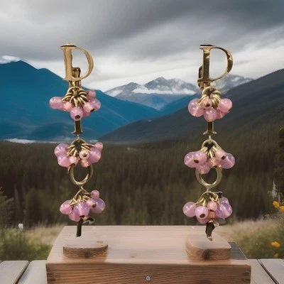 Auténticos Pendientes Christian Dior Logo Rosa Gota Tono Oro - De Colección Raro Hallazgo Foto 1 de 4