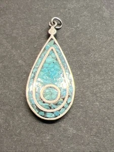 Collar colgante Navajo lágrima aplastada turquesa incrustación plata esterlina vintage - Imagen 1 de 7