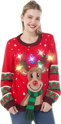Adult LED Light Up Christmas Ugly Sweater with Light Bulbs, Red Reindeer - Image 1 of 4