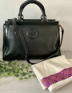 TORY BURCH RARE HANNAH BLACK LEATHER SATCHEL SHOULDER BAG - Picture 1 of 9