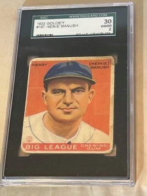 Tarjeta de béisbol 1933 Goudey #187 Heinie Manush SGC 30 Good 2 Washington Senators. Foto 1 de 2