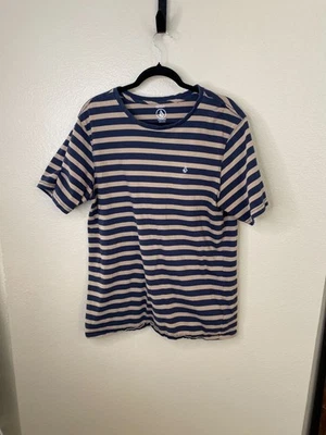 Volcom Mens Modern Fit Striped T-Shirt XL Blue Beige Casual Short Sleeve Cotton - Image 1 of 4