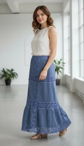 Kroshetta by Papillon Women's Lined Patchwork Crochet Maxi Skirt Blue Size M - Picture 1 of 11