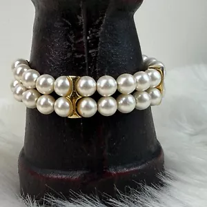 Vintage Two Strand Faux Pearl & Gold Tone Spacer Bead Bracelet 7" - Picture 1 of 10