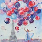 Eiffel Tower Painting Ballerina Balloons Paris Original Artwork France Postcard