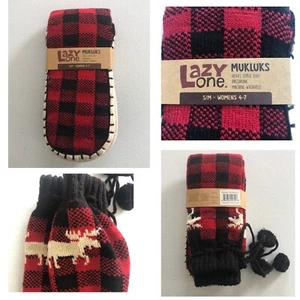 NEU Lazy One Hausschuhe S/M Damen 4-7 Neu mit Etikett Mukluk rot kariert weich Strick Bommel - Bild 1 von 11