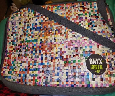 Onyx + Green 15" Laptop Bag Recycled Newspaper & Ramie Leaf Crossbody Strap - Image 1 of 4