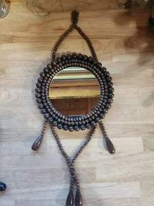 Vintage Wooden Beaded Round Mirror Boho w/Tassels Wall Hanging Retro - Picture 1 of 8