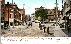 NORWICH, CONNECTICUT - MAIN STREET & FRANKLIN SQUARE - HORSE-DRAWN OLD POSTCARD - Picture 1 of 2