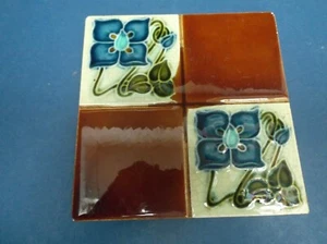 Art Deco Tile Stylised Vine Blue flowers fair condition 15.3cm square - Picture 1 of 3