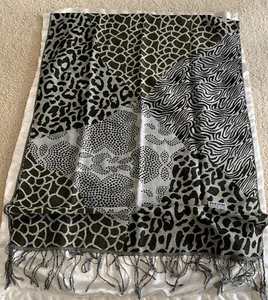 RARA SCIARPA/SCIALLE PASHMINA VINTAGE STAMPA/DESIGN ANIMALIER 55% PASHMINA/45% SETA - Foto 1 di 24