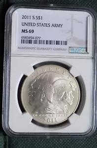 2011-S United States Army Silver Dollar NGC MS69 Certified $1 Coin - Picture 1 of 2