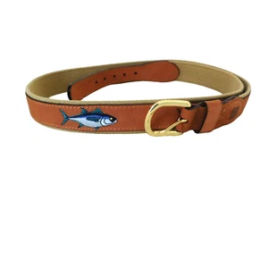 West Marine Fish Embroidered Leather Belt Mens Sz 44 Brass Buckle - Picture 1 of 10